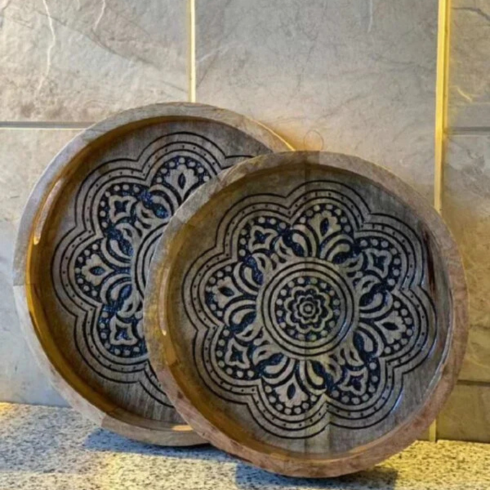 Blue Mandala Wooden Serving Tray Set