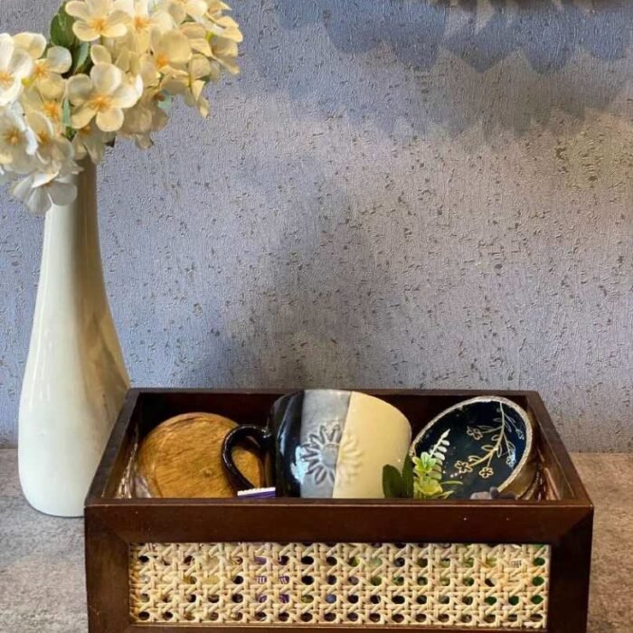 Rustic Cane Wooden Storage Tray