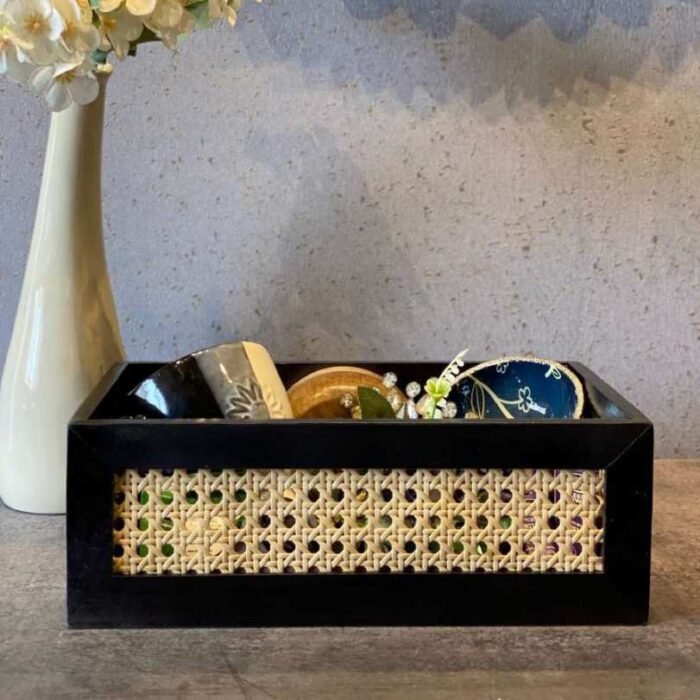 Black Cane Wooden Storage Tray